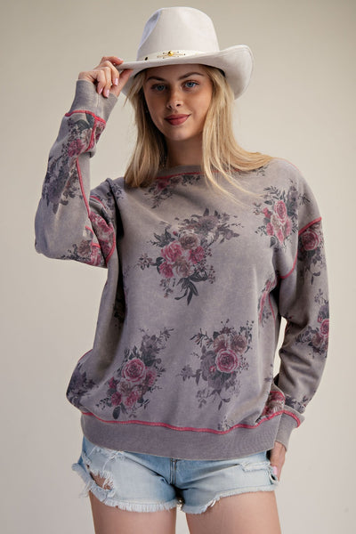 Soft Floral Print Mineral Wash Sweatshirt