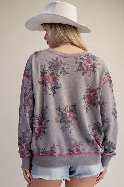 Soft Floral Print Mineral Wash Sweatshirt