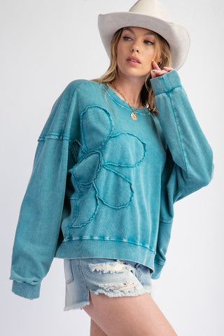 Teal Blue Floral Cutout Sweatshirt