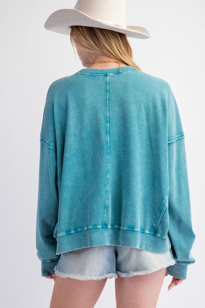 Teal Blue Floral Cutout Sweatshirt