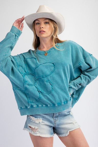 Teal Blue Floral Cutout Sweatshirt