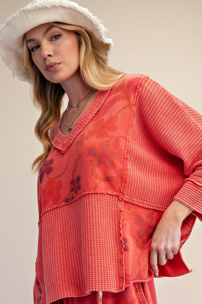 Red Mineral Washed V-Neck Floral Top