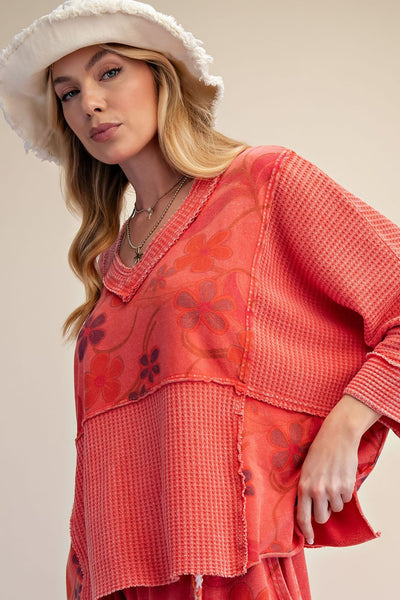 Red Mineral Washed V-Neck Floral Top
