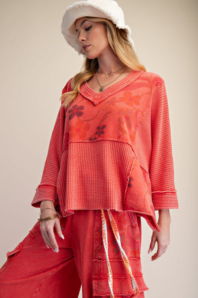 Red Mineral Washed V-Neck Floral Top