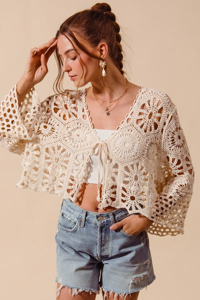 Crochet Knit Tie Front Cropped Cardigan