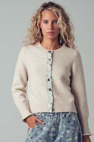 Floral Contrast Crew Neck Cardigan