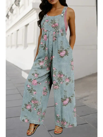 Floral High-Waisted Wide Leg Denim Overalls