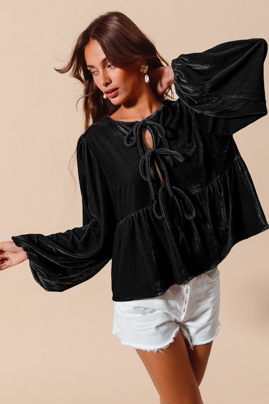 Front Tie Velvet Top w/Bubble Sleeves