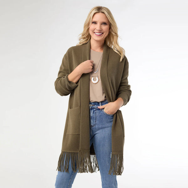 Olive Heavenly Luxe Mid-Length Cardigan w/Fringe