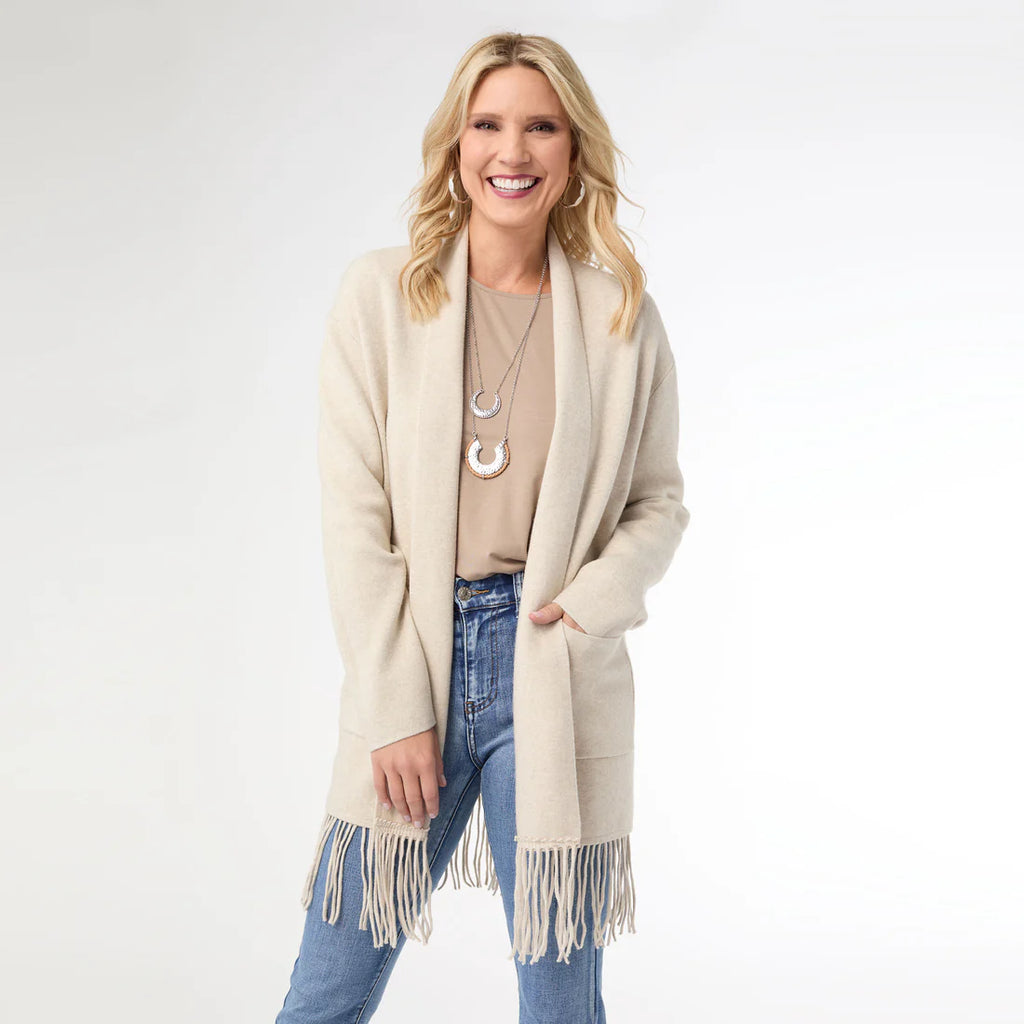 Oatmeal Heavenly Luxe Mid-Length Cardigan w/Fringe