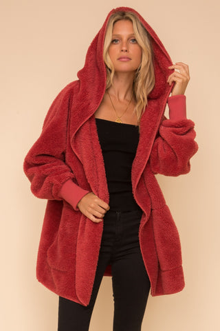 Plush Hooded Jacket-Vintage Red