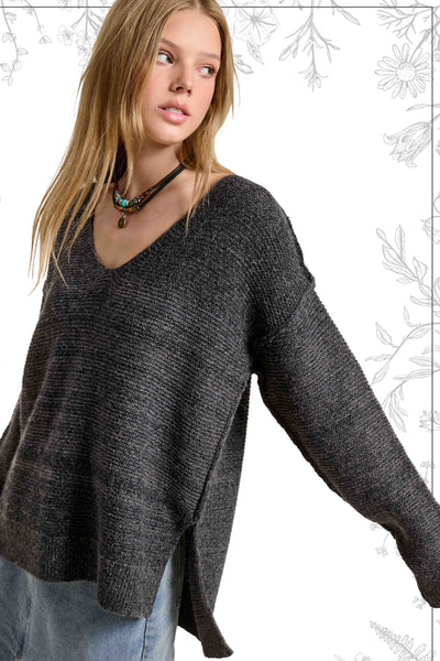 Marled V-Neck Sweater w/Exposed Seams