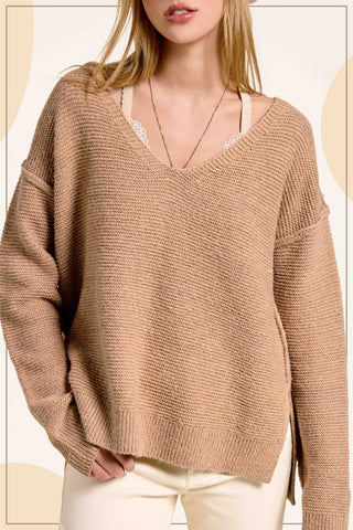 Marled V-Neck Sweater w/Exposed Seams