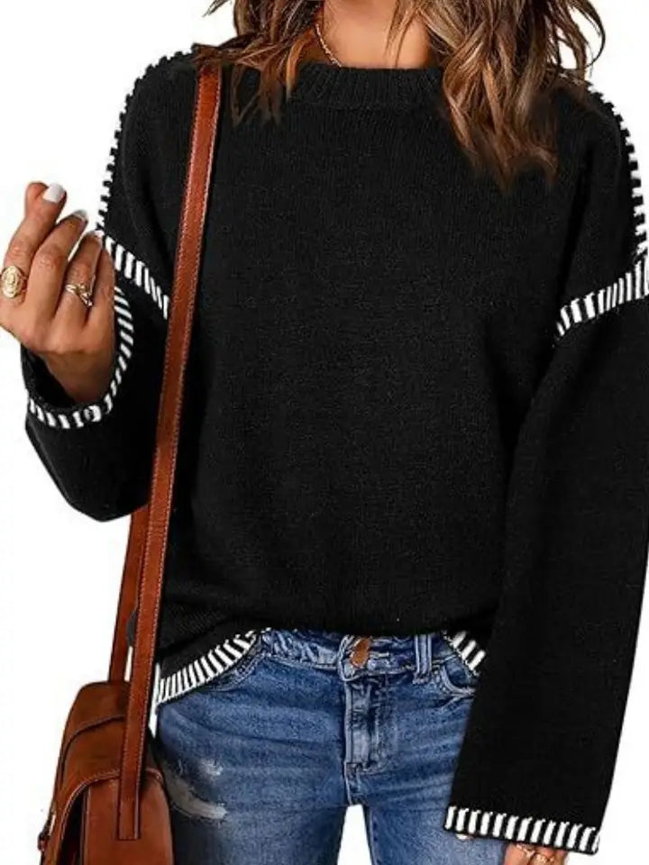 Wide Sleeve Black Sweater w/Whipstitching