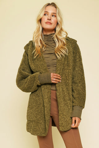 Dark Olive Faux Fur Open Hoodie