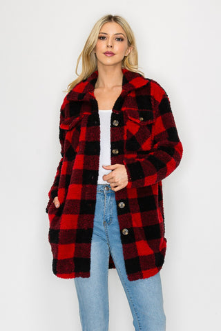 Plaid Fleece Sherpa Coat-Black & Red