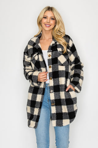 Plaid Fleece Sherpa Coat-Black & White