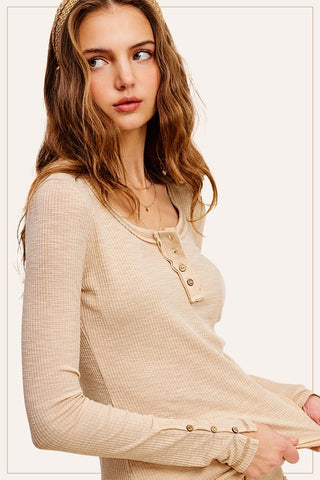 Ribbed Henley w/Button Cuffs-Beige