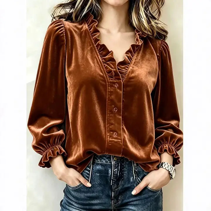 Rust Velvet Ruffle V-Neck Button Blouse