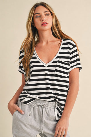 Short Sleeve V-Neck Striped Pocket Tee