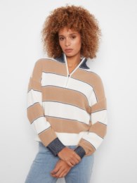 Navy & Tan Zipped Mock Neck Striped Sweater