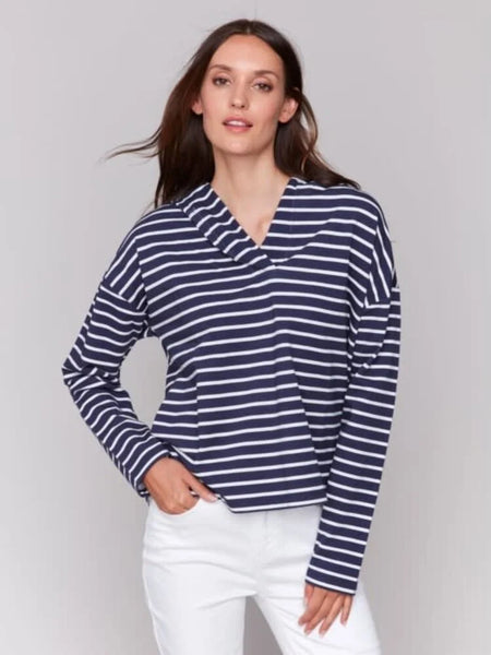 Hi-Lo V-Neck Striped Hoodie