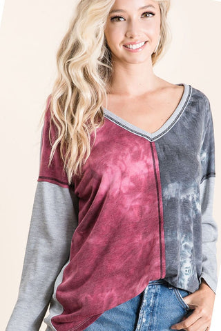 Tie Dye Color Block V-Neck